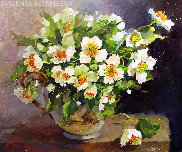 Картина с цветами жасмина, Евгения Корнеева