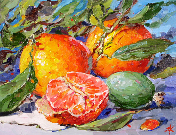 Картина с фруктами, мандарин. Утро и круассан. Евгения Корнеева